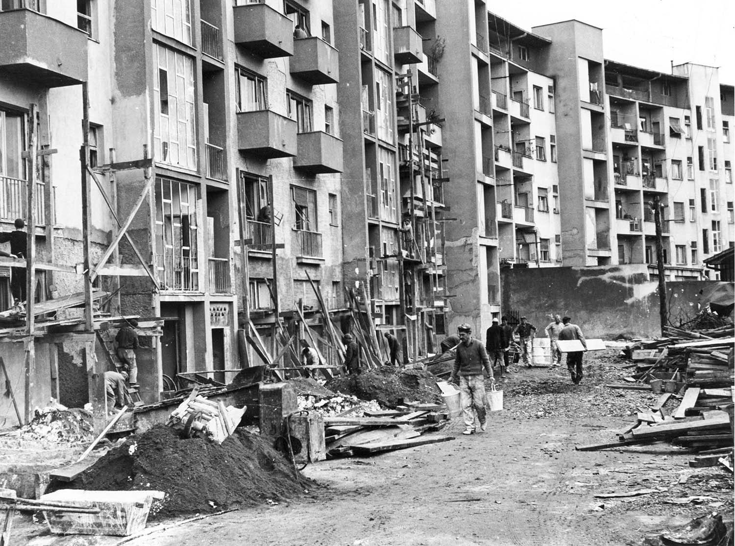 Construction workers at a building site in the aftermath of the 1964 earthquake in Skopje, Yugoslavia (now North Macedonia)