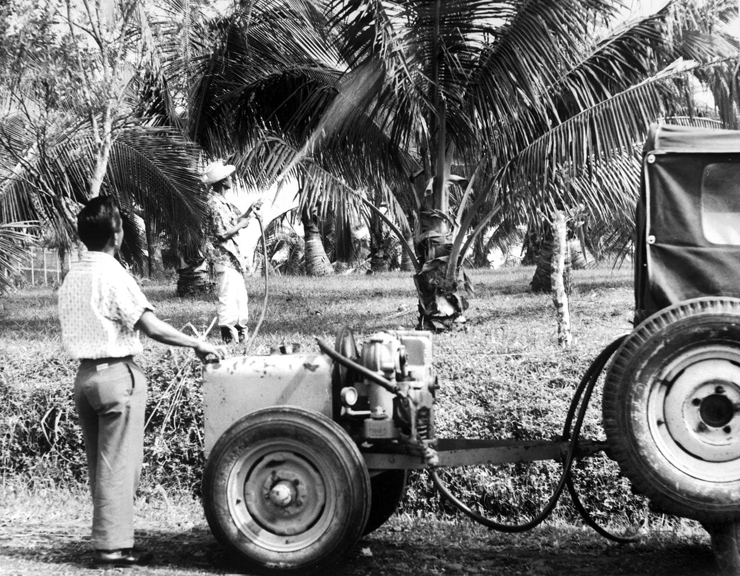 One main sprays a coconut tee as another an engineer watches