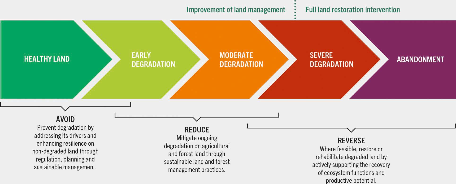 Arrow diagram showing strategic responses to land degradation along a continuum: from strategies to avoid degradation (applied to healthy or early-stage degraded land) to strategies that reduce degradation when it becomes moderate to severe, to strategies that reverse degradation where land has become severely degraded or abandoned.
