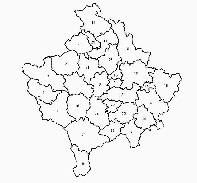 Carte des municipalit&eacute;s de la proviince du Kosovo
